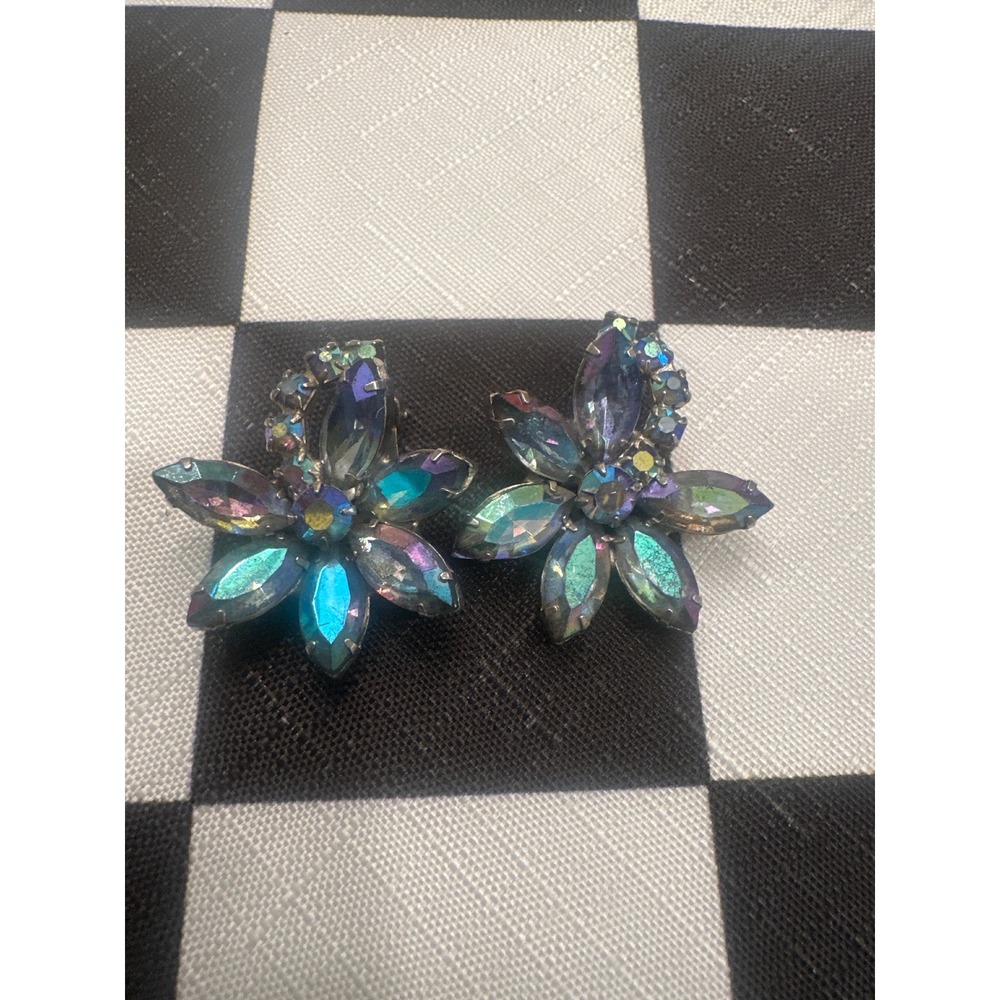 Vintage Aurora Borealis Rhinestone Floral Clip On Earrings Blue Green Iridescent